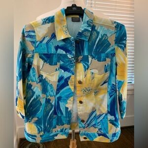 Chicos Blazer Womens Size 3/16 Turquoise Tropical Floral Print Vibrant Jacket